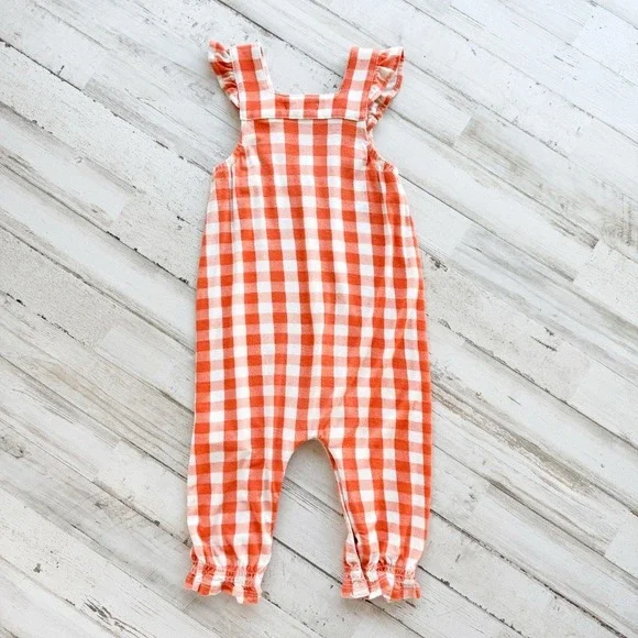 Angel Dear Harvest Pumpkin Smocked Bubble Romper Overalls Orange Gingham 6-12 mo - Picture 8 of 14